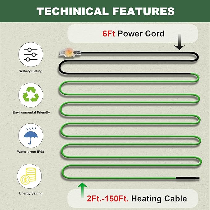 MAXKOSKO 70 Feet Pipe Heat Cable for Water Pipe Freeze Protection, Self-Regulating Heat Tape for Metal And Plastic Home Pipes, Anti-Freeze Pipe Heating Trace System 120 V
