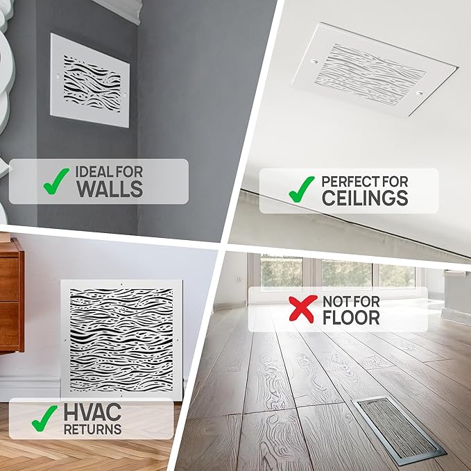 SABA Home Decor White Air Vent Cover - Acrylic Plexiglass 8" x 8" Duct Opening (10" x 10" Overall) Return Grille Decorative Covers for Walls & Ceilings NOT for Floor USE, Waves, Screws Installation