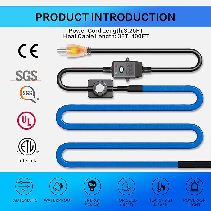 Heat Tape for Water Pipes with Thermostat & GFCI, Energy-Saving Pipe Heating Cable, Prevents Freezing, Works at -22℉, 18FT Blue, UL ETL Listed 120V