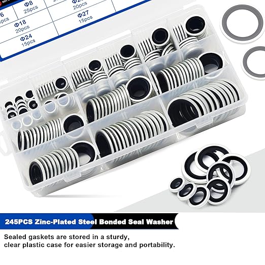 245PCS Bonded Sealing Washers, NBR Metric Zinc-Plated Steel Self-Centred Sealing Rubber Washers, Automotive Seal Gasket Crush O-Ring Assortment Kit Set, Includes Sizes of M6-M30