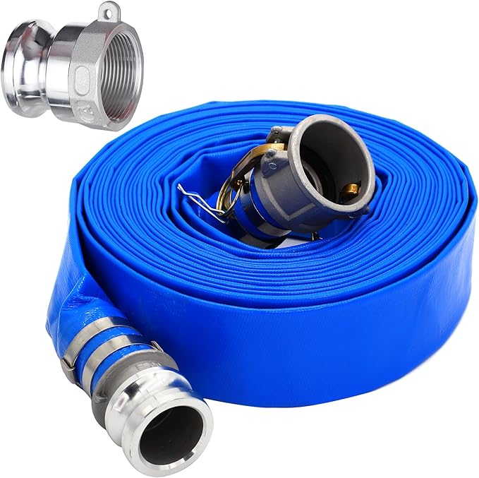 2" ID x 100 ft PVC Lay Flat Discharge Hose with Aluminum Camlock C and E Fittings, Cam Lock Fitting Type A included, Heavy Duty Reinforced Blue Backwash Pump Hoses for Swimming Drain Pools