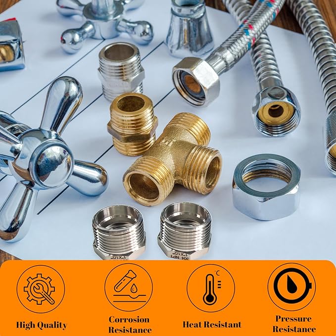 2 Pcs Stainless Steel Bushing 1" Male to 1/2" Female, 1" to 1/2" NPT Adapter Hex Stainless Steel Reducing Pipe Adapter Fitting Pipe Hose Tube Adapter Convert