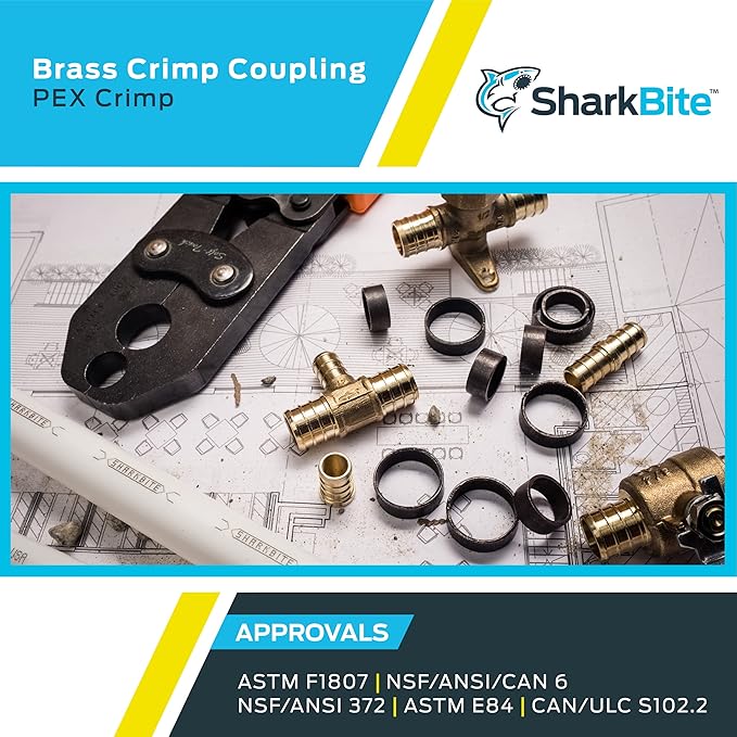SharkBite 1 Inch Crimp Coupling, Pack of 10, Brass Plumbing Fitting, PEX Pipe, PE-RT, UC020LF