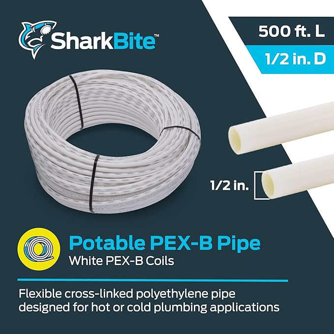 SharkBite 1/2 Inch x 500 Feet White PEX-B, PEX Pipe Flexible Water Tubing for Plumbing, U860W500