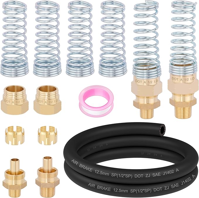 12Pcs Brass 1/2” DOT Air Hose Fittings with Spring Guards, Male Connector Air Brake Hose End Fittings with Fitting Sleeve Tubes, 50 Inch 1/2” SAE J1402 Air Brake Hose for Semi Truck