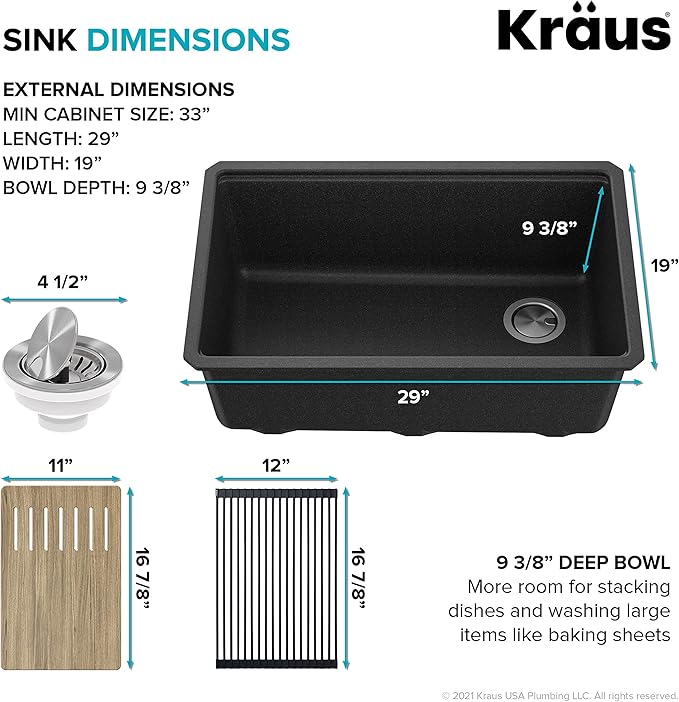 KRAUS Bellucci 30” in. Undermount Workstation Granite Kitchen Sink in Metallic Black with Accessories, KGUW2-30MBL