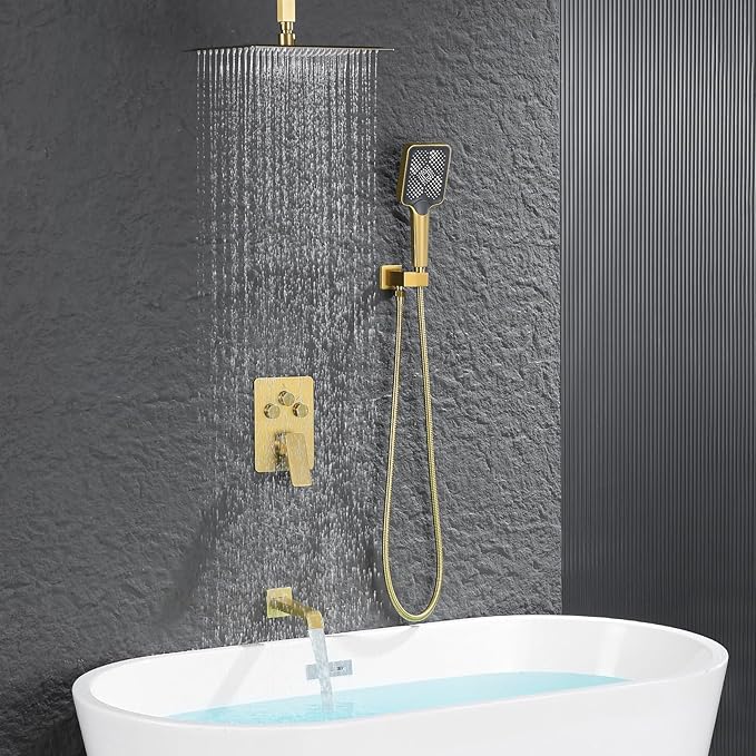 Bathtub Shower Faucet Set with Pressure Balance Valve, 12" Ceiling Mount Shower System with Tub Spout Multi-function Handheld Head Push Button Diverter Shower Trim Kit, Brushed Gold