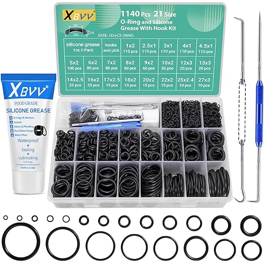 1140 Pcs 21 Size Faucet O-Ring Assortment Kit with Food Grade Silicone Grease Lubricating for Pressure Washer Rubber Oring Plumbers Seal Repair