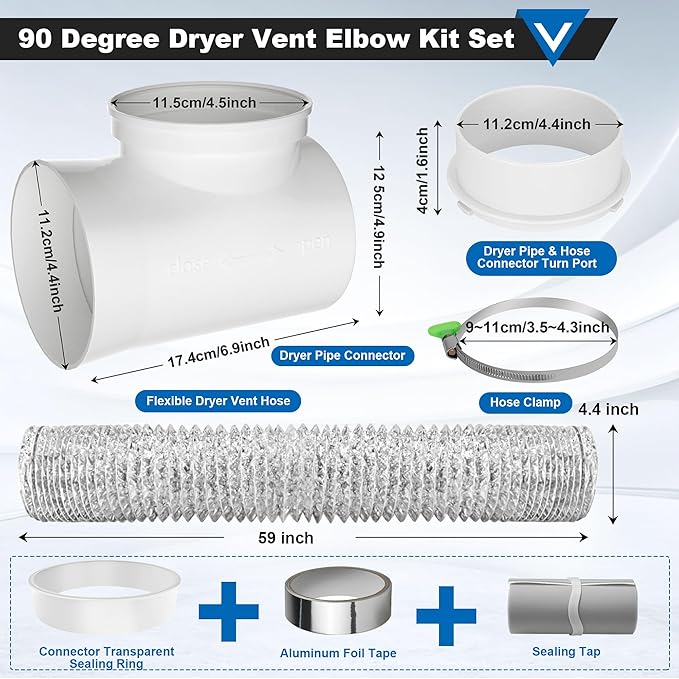 90 Degree Dryer Vent Elbow, 4" Dryer Vent Hose, Space Saving Connector Kit Clothes Dryers Duct Pipe Tube Connection Adapter for Tight Spaces with Clamp Sealing Tape