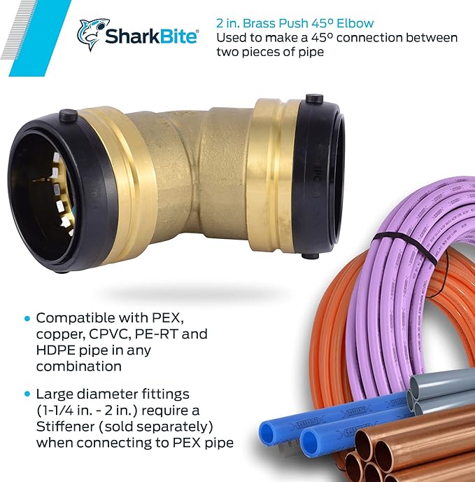 SharkBite 2 Inch 45 Degree Elbow, Push to Connect Brass Plumbing Fitting, PEX Pipe, Copper, CPVC, PE-RT, HDPE, UXL0554