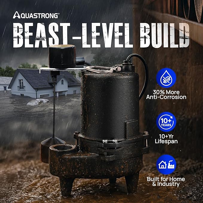 Aquastrong Cast Iron Sewage Pump 1/2HP Effluent Pump 220V 6030 GPH Sump Pump with Vertical Float Switch, Ideal for Basement Sump Pits, Industrial Wastewater - Commercial-Grade Sewage System