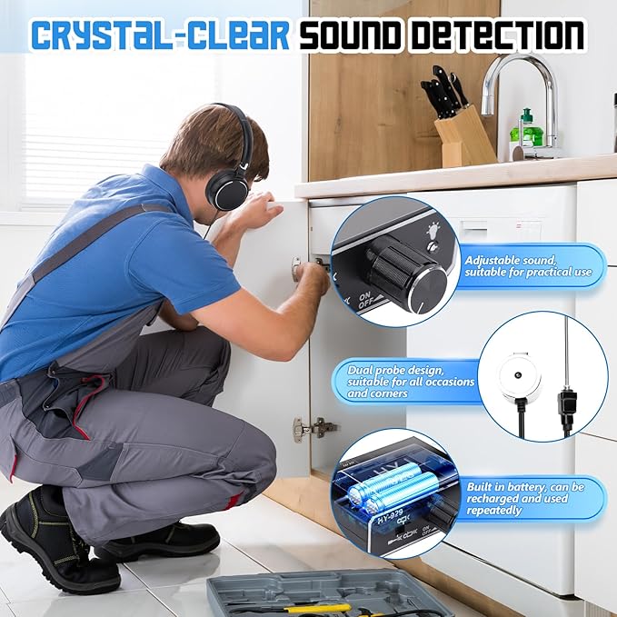 Professional Water Leak Detectors for Home, Water Leak Detection Device, Dual Probe Design, Sound Amplifier for Underground Pipes, Walls, Construction Sites