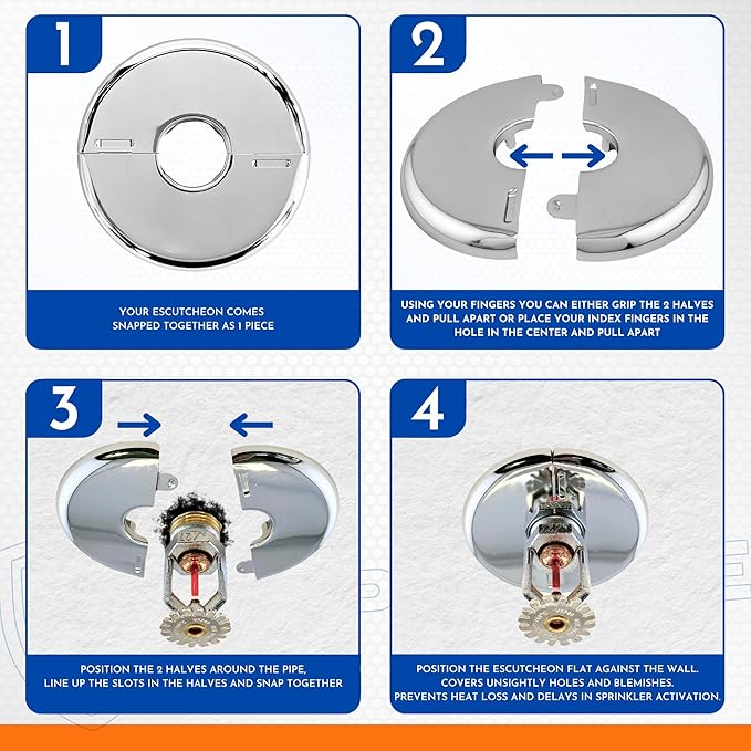 Retrofit Fire Sprinkler Escutcheon Cover Plate 3/4" IPS - Flat 2 Piece Stainless Round Split Flange for Easily Covering Gaps Between Fire Sprinkler Pipe and Ceiling or Wall - 4 PK