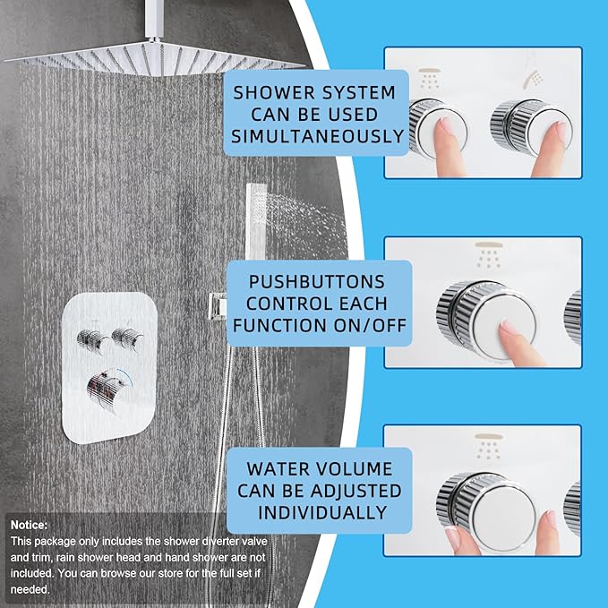 2 Way Brass Shower Diverter Valve Kit - Thermostatic Flow Control Valve, Simultaneous Operation, Adjustable Flow, Chrome Finish