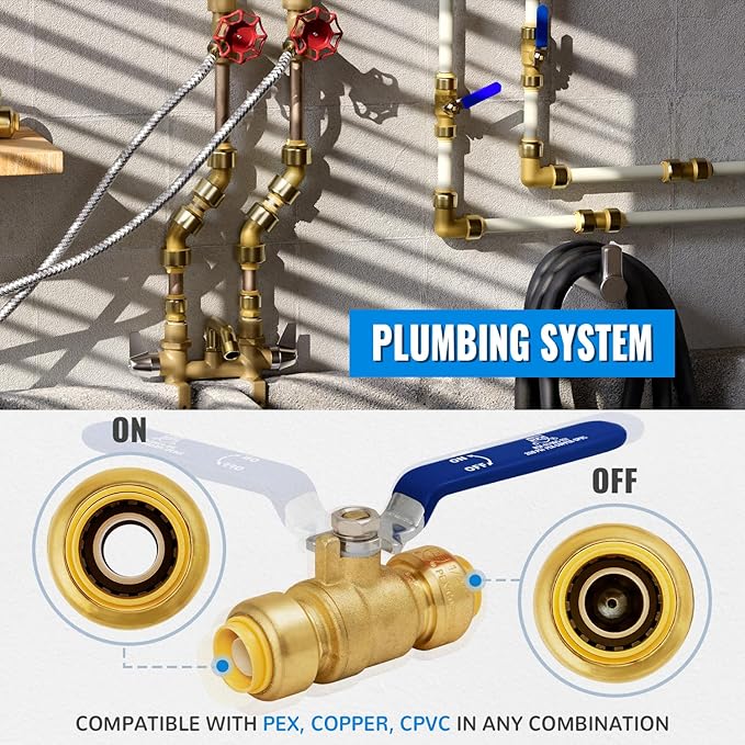 SUNGATOR 1/2" Shut Off Valve, Ball Valve 1/2 Inch, Pushfit Water Shutoff, No Lead Brass Push-to-Connect Plumbing Fittings for Pex Pipe, Copper, CPVC, with 1 Disconnect Clip, Pack of 2