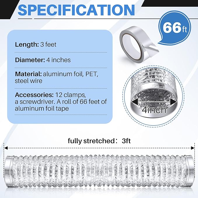 Dreyoo 6 Pack 4" Flexible Dryer Vent Hose, 3 Ft Heavy Duty Aluminum Dryer Exhaust Hose, Thick(6-ply) Foil Insulated Ducting Kit with Clamps, Aluminum Foil Tape, Screwdriver, Indoor Outdoor