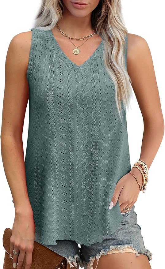 OFEEFAN Womens Tank Tops V Neck Sleeveless Flowy Loose Fit Basic Casual Summer Tops
