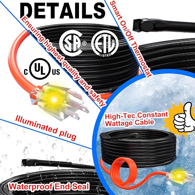 HEATIT Heating Cable - CSA & ETL Approved, Prevents Pipe Freeze, Keeps Water Flowing, Energy-Efficient, Reliable Performance, Hassle-Free, Durable Heat Tape for Water Pipes HISD 6ft, 7w/ft, 120V