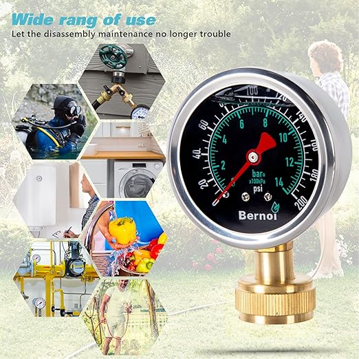 Bernoi Liquid Filled Water Pressure Gauge Kit with 5 Parts, 0-200 Psi, Standard 3/4" Female Garden Hose Thread Water Pessure Gauge for Home