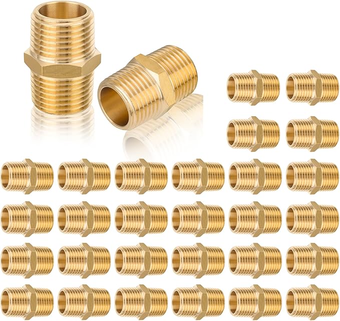 30-PCs HeSun Brass Hex Nipple Pipe Fitting, 1/2" NPT Male x 1/2" NPT Male Nipple Pipe Adapter(NPT013-30)