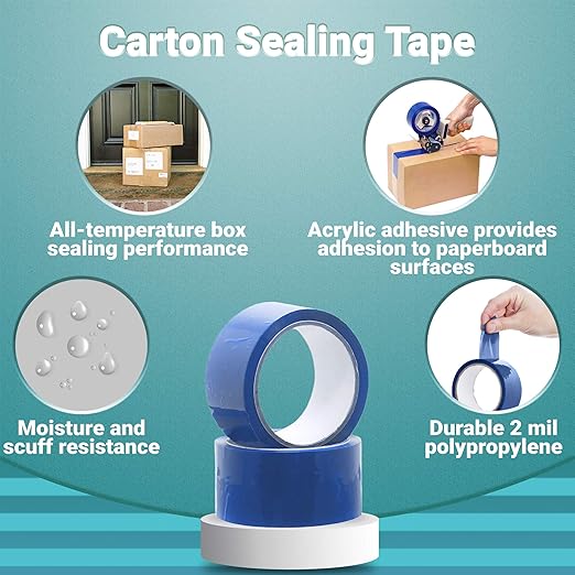 APQ 36 Rolls of Carton Blue Sealing Tape 2” x 55 Yards. Thickness 2 Mil. 50 Mic Polypropylene Pressure Sensitive Tape for Packing, Shipping, Moving Boxes. Acrylic Adhesive. No Weathering, Yellowing.