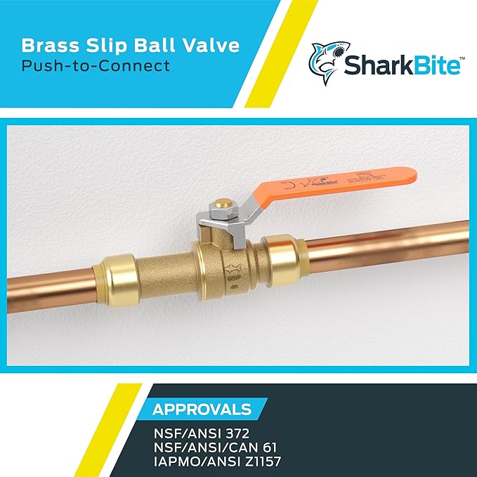 SharkBite 1/2 Inch Slip Ball Valve, Pack of 6, Push to Connect Brass Plumbing Fitting, PEX Pipe, Copper, CPVC, PE-RT, HDPE, 24735LFZ