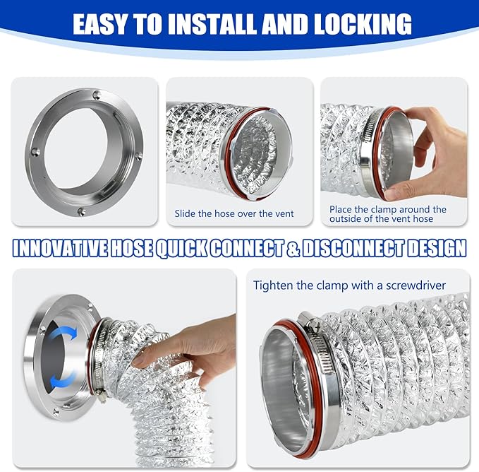 Aluminum Alloy 4 Inch Dryer Vent Hose Connector Kit, Quick Setup Design With Extra Thick(6-Ply) Aluminum Foil 5 Ft Duct And 2 Clamps, Antioxidant And Durable For Dryer Washer Bathroom