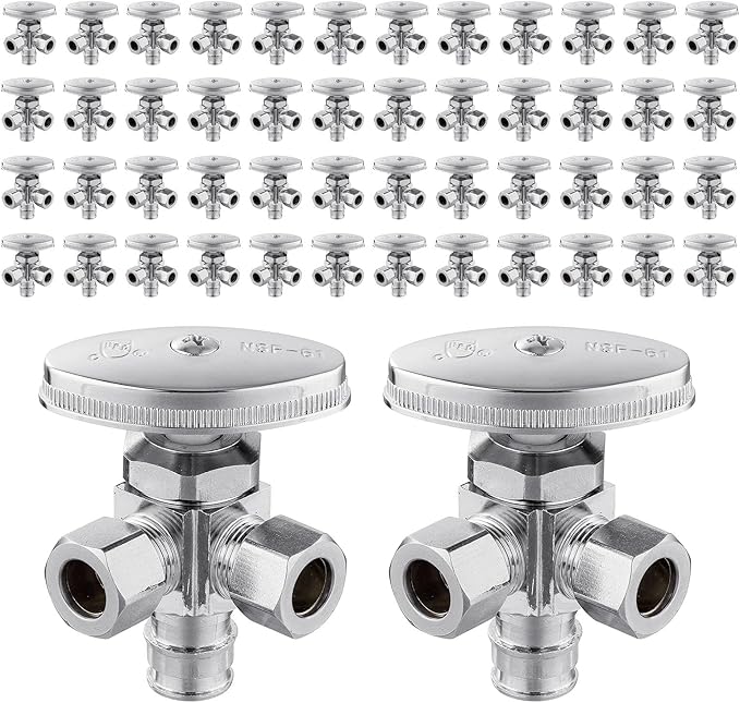 (Pack of 50) Seelink Multi-Turn Dual Outlet Angle Stop Valve, 1/2" Pex-a Expansion F1960 Pipe Inlet x (3/8 inch x 3/8 inch) Compression Outlets, Chrome Plated Brass