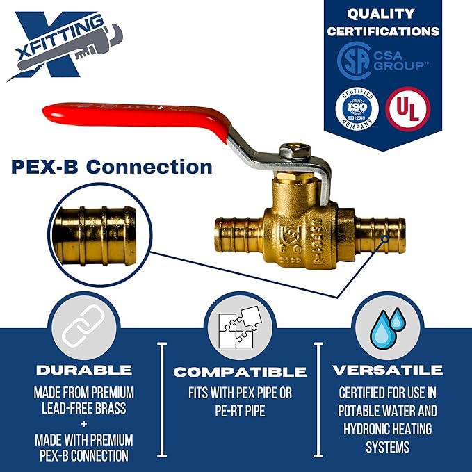 XFITTING 4 Pieces 1/2" Pex Ball Valve with Handle Red, 24-2-1=4X (4 Packs)