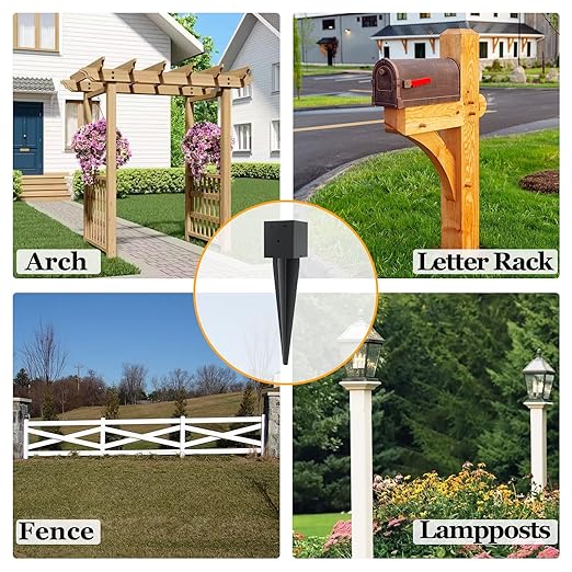 6 Pcs 4"x4" Fence Post Anchor Ground Spike,(Internal 3.6"x3.6"),Metal Post Stake Ground 16" with Black Powder-Coated,Fence Stakes Post Base for Deck,Fence,Porch,Railing,Mailbox