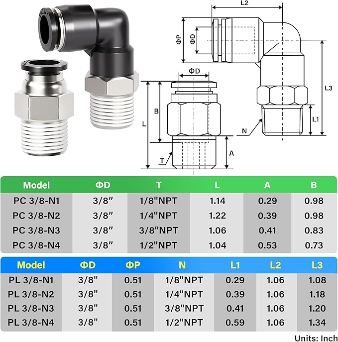 TAILONZ PNEUMATIC Elbow and Straight Combination 3/8 Inch Tube OD x 1/4 Inch NPT Thread Push to Connect Fittings PC-3/8-N2+PL-3/8-N2(Pack of 4)