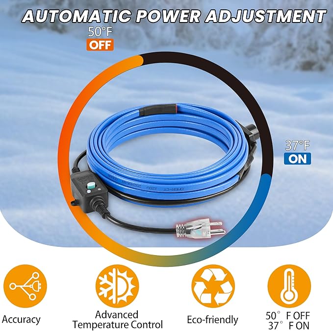 30FT Pipe Heat Cable with Thermostat, Self-Regulating Heating Cable 120V 5W/FT, Freeze Protection for Water Pipes, Roof, Garden, and Outdoor Use, Works Down to -40°F
