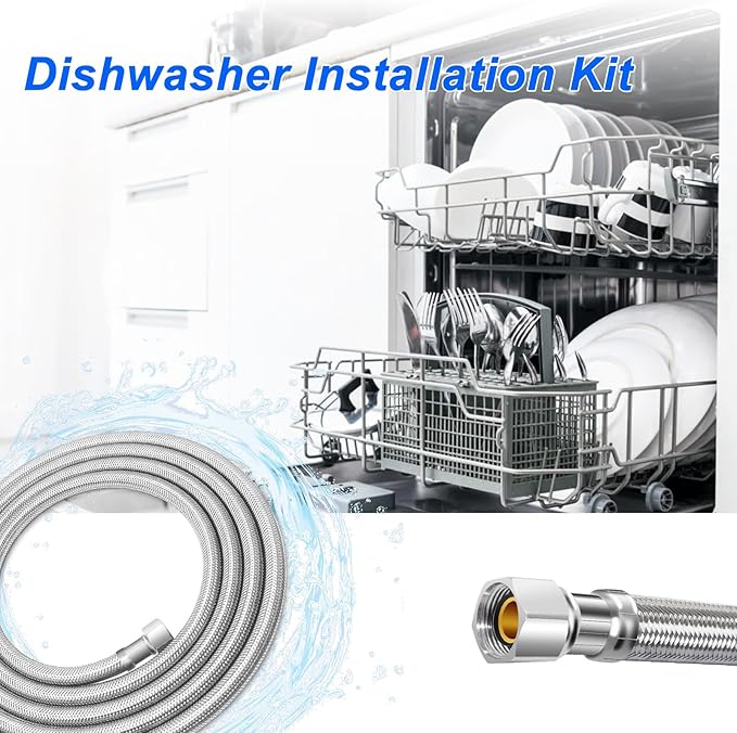 Dishwasher Installation Kit - 8 FT Stainless Steel Dishwasher Hose with 3/8" Compression Connections,Food Grade PEX Inner Tube Dishwasher Water Supply Line with Elbows,Adapters