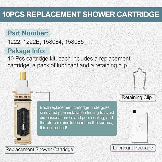 Shower Cartridge Kit 10 Pcs Replacement for Moen 1222 / 1222B, Fits PosiTemp Single Handle Faucet Valve, Replaces 158084 158085 Bathroom Faucet Cartridge, w/Lubricant and Clips, Brass Stem