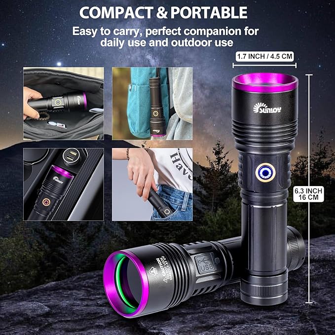 UV01 365nm UV Flashlight Black Light, 2 Pack Rechargeable Blacklight Flashlights, Powerful Handheld UV Light for Pet Urine Detection, Rock Hunting, Blood Tracking, Resin Curing, A/C Leak