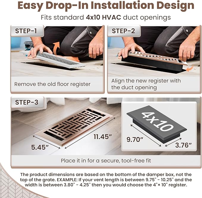 Floor Register 4x10 Vent Cover – Heavy-Duty Steel, Rustproof & Walkable Grates, Easy Drop-in Install, Adjustable Air Supply Switch - Decorative Herringbone Design, Satin Bronze