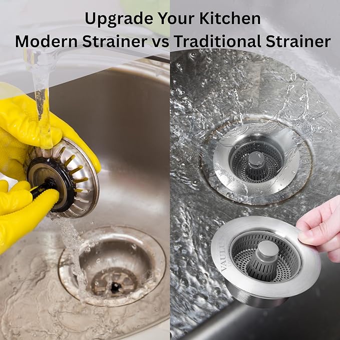 Upgraded 3in1 Kitchen Sink Drain Strainer & Sink Stopper, Stainless Steel Kitchen Drain Plug & Sink Installation Parts with Anti-Clogging Basket, Fit US Standard 3-1/2.8'' Sink Drain Hole