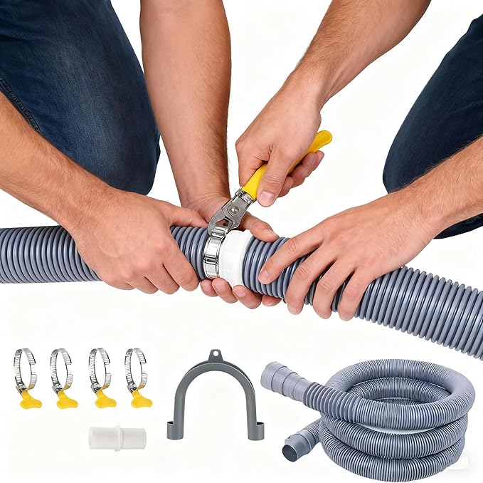 10FT Flexible Corrugated Washer Drain Hose Kit, Compatible with Various Brands of Washing Machine and Dishwasher Drain Hose Extension Kits - Includes 1 Adapter, 4 Clamps, 1 U-Bend Bracket