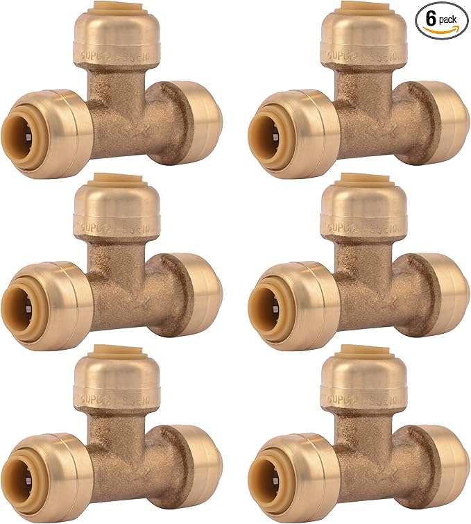 SharkBite 1/4 Inch (3/8 Inch OD) Tee, Pack of 6, Push to Connect Brass Plumbing Fitting, PEX Pipe, Copper, CPVC, PE-RT, HDPE, U358LF