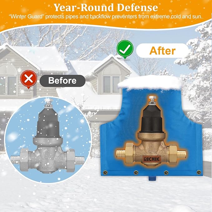 Backflow Preventer Insulated Cover (5°F) for Winter Freeze Protection, 14" W x 13" H Thickened Pressure Reducing Value & Well Pump Cover, Outdoor Waterproof Insulation Pouch for Sprinkler Valve, Blue