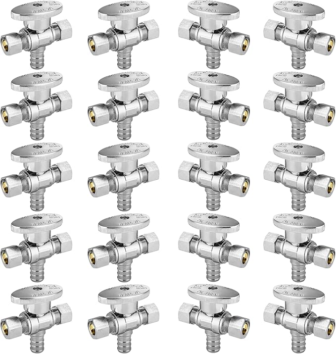20-PCs HeSun Dual Compression Outlet Angle Stop Valve, 1/2" PEX-B x 3/8" OD Comp x 3/8" OD Comp, 1/4-Turn Shut Off Valve for Bathroom, ASTM F1807(VALVE125-20)