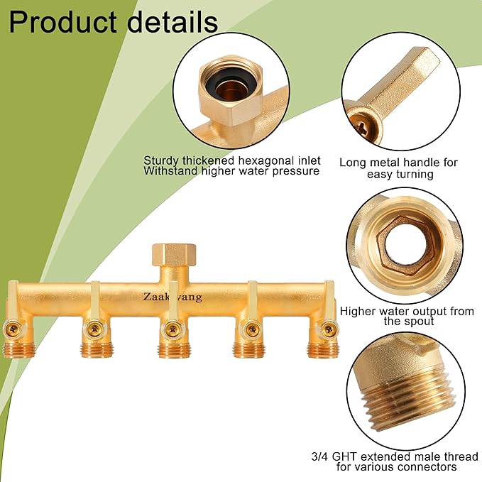 Heavy Duty 5 - Way Garden Hose Splitter, 3/4” Hose Manifold, Outdoor Hose Adapter Connector with 5 Metal Extra Long Handle Metal Faucet Adaptor