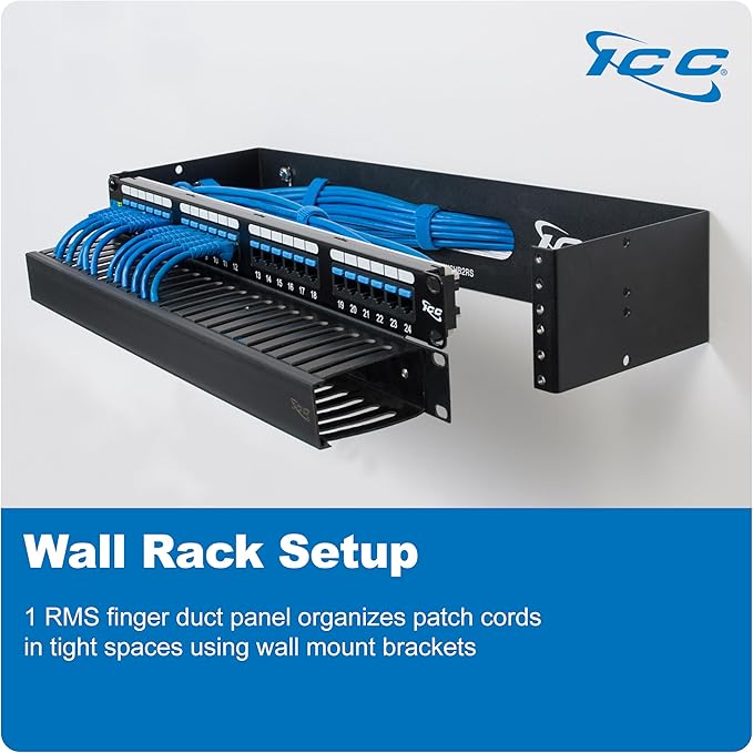 ICC 1U Finger Duct Cable Manager Panel with Cover, Plastic with Metal Back Frame, 5" Depth, Horizontal Cable Management, Rackmount for 19” Network Racks, Black, Single Pack