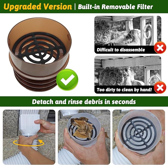 2 Pack Rain Gutter Downspout Extensions 60" with Filter, Corrugated Flexible Gutter Pipe, Downspout Diverter, Down Spout Drain Extension, Extendable from 20" to 60", Screws for Included, Brown