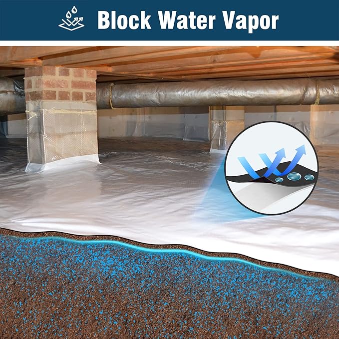 Crawl Space Vapor Barrier, 14 Mil Vapor Barrier, 10'x100', Plastic Drop Cloth for Crawl Space Encapsulation, Heavy Duty Polyethylene Film, Thick Plastic Sheeting, White and Black Film