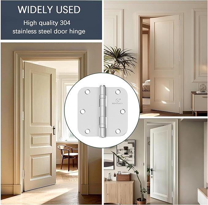 304 Stainless Steel 4.5 Inch Commercial Hinges Brushed Satin Nickel Ball Bearing Doors Hinges Square Corners Interior and Exterior Door Hinges- 3 Pack