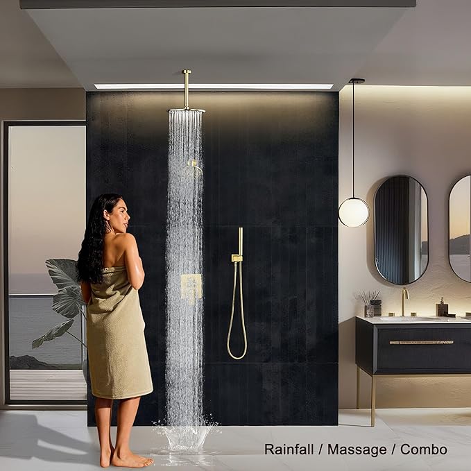 Rain Shower System, Push Button Diverter Shower Faucet Set with 2 in 1 Handheld Spray, Wall Mount Shower, Ceiling Mount Shower Head 3-Function Rainfall Shower System-Brushed Gold