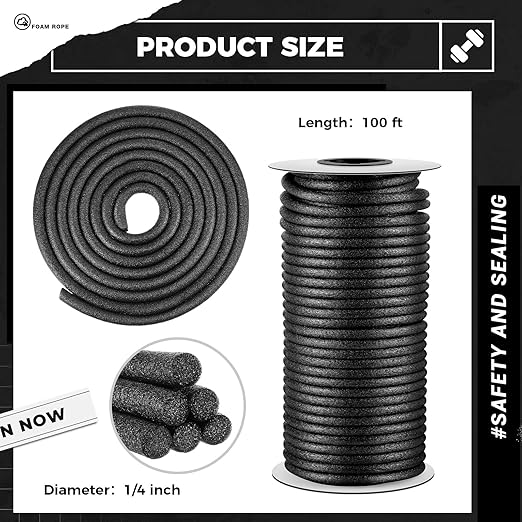 1/4 Inch x 100 ft Foam Backer Rod for Gaps Joints Concrete Crack Filler Caulk Saver Bulk Foam Backing Rod Concrete Filler Rope for Weather Stripping Door Seal (Black)