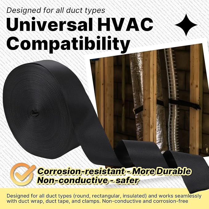 Heavy Duty Duct Strap – 1.95 in x 147 ft Black Nylon Strapping for HVAC Duct, Durable Wrap Support Band for Building & Home Improvement