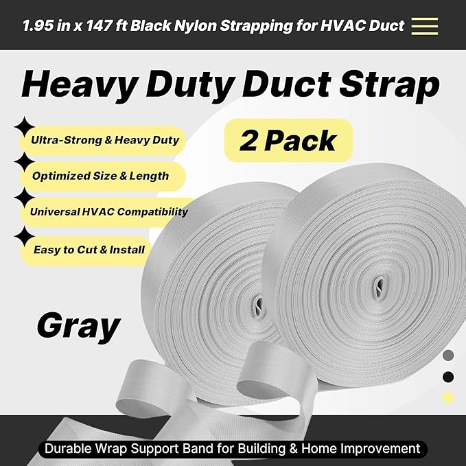 2 Pack Heavy Duty Duct Strap – 1.95 in x 147 ft Grey Nylon Strapping for HVAC Duct, Durable Wrap Support Band for Building & Home Improvement